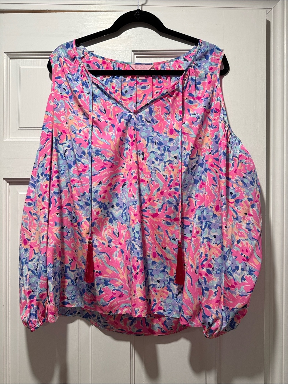 Lilly Pulitzer Finch Women’s Silk Pink Floral Tie-Front Cold-Shoulder Blouse